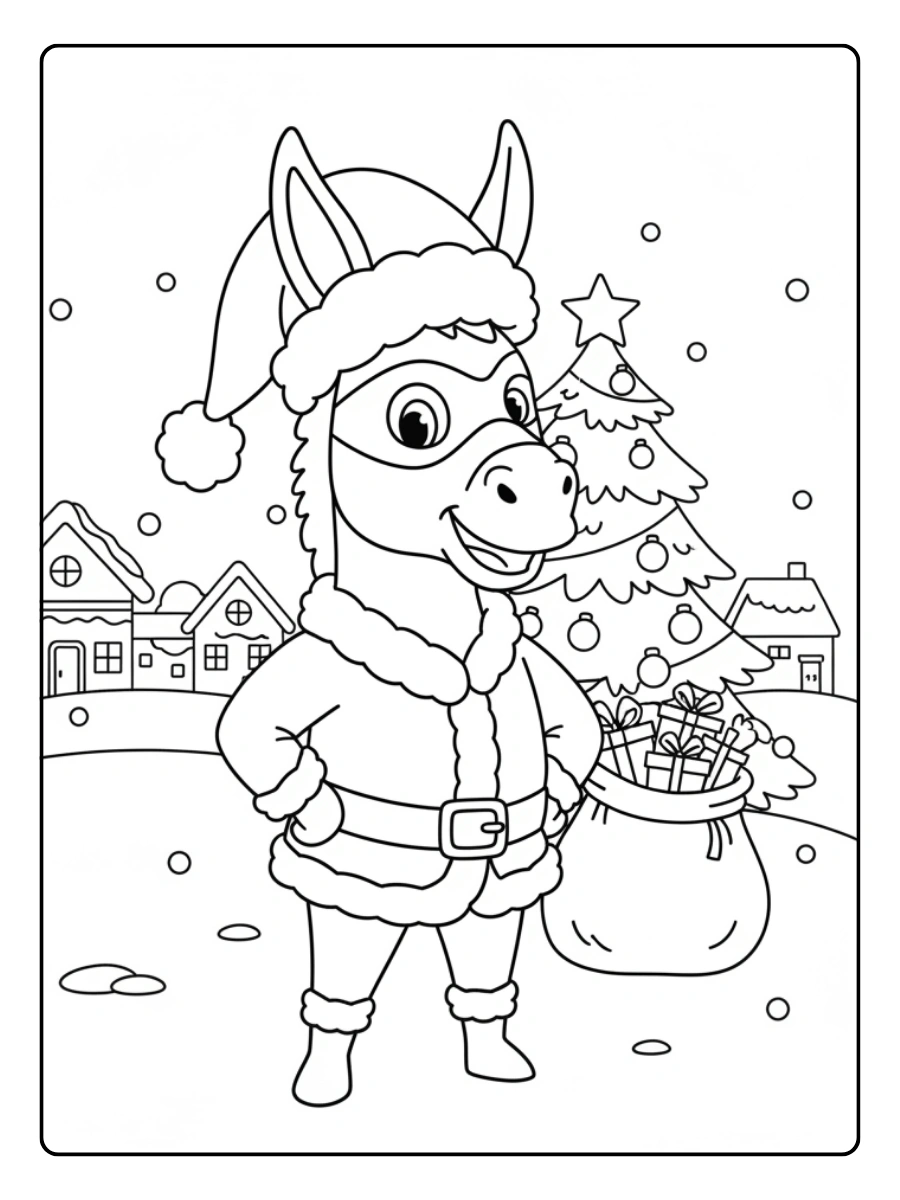 Coloriage Âne Noël avec bonnet de Père Noël