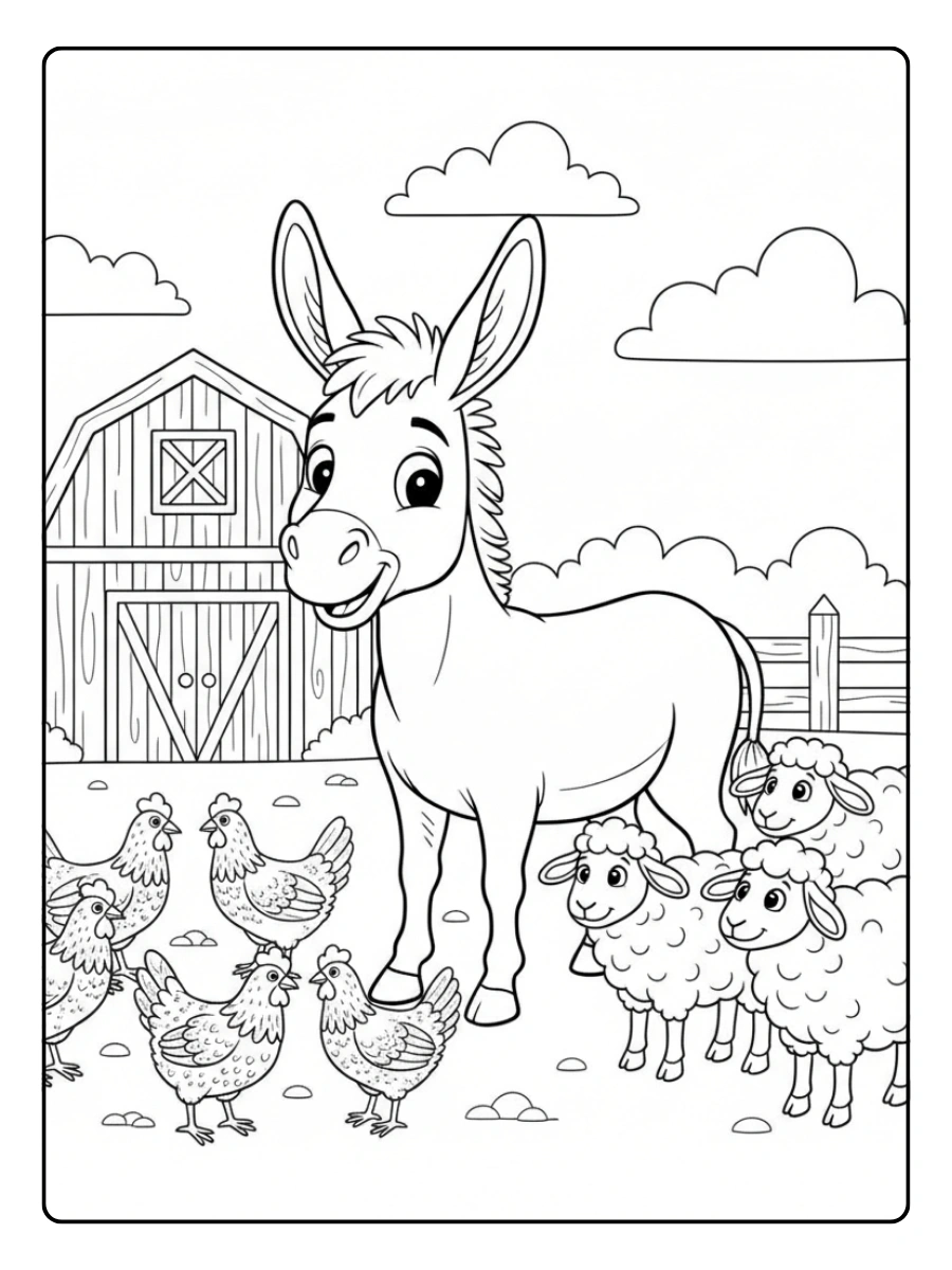 Coloriage Âne de la ferme entouré de poules et de moutons