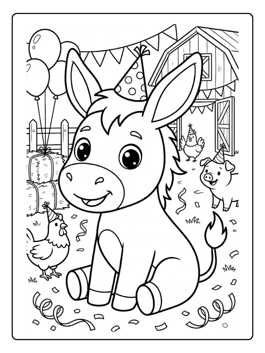 Coloriage Âne joyeux lors d’une fête à la ferme