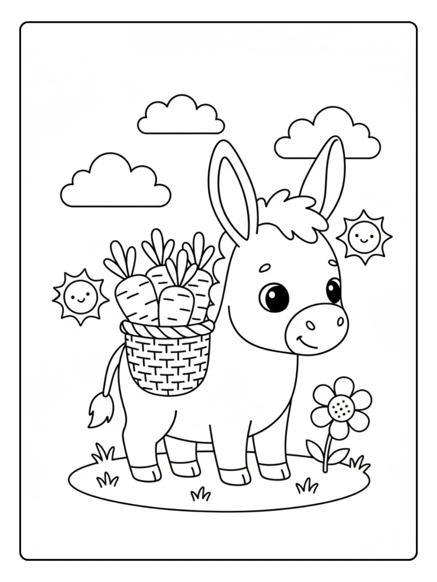 Coloriage Âne mignon portant un panier de carottes