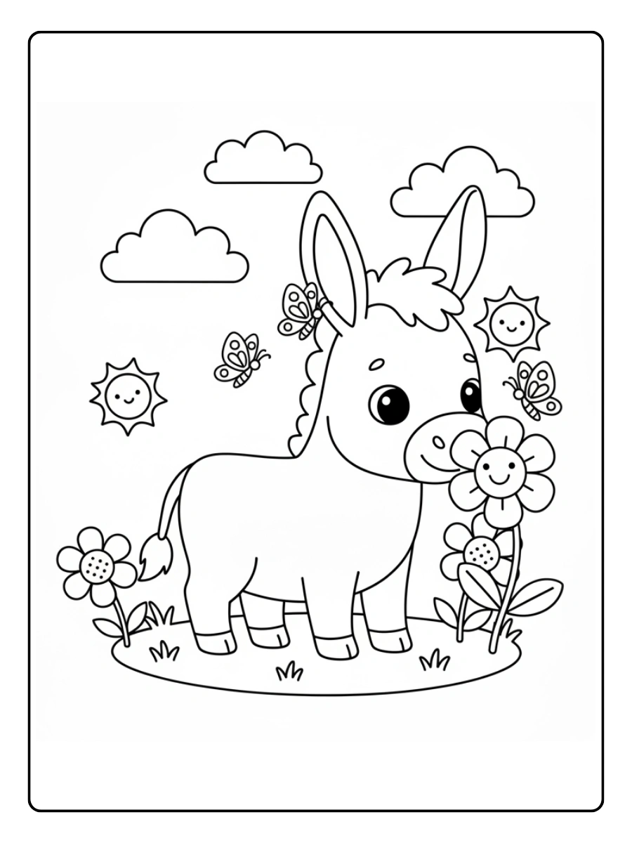 Coloriage Âne qui joue avec des papillons