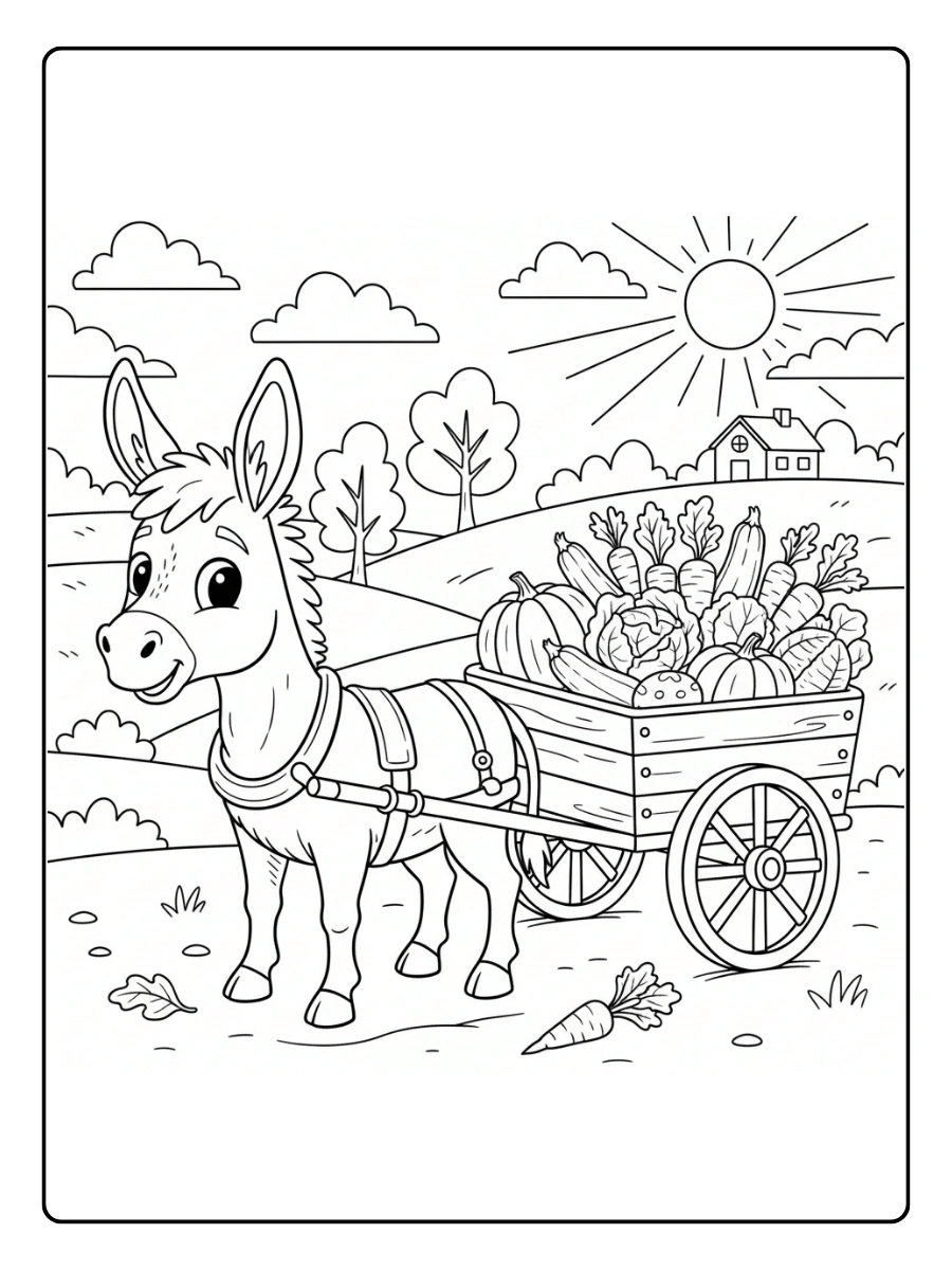 Coloriage Âne qui tire une petite charrette pleine de légumes