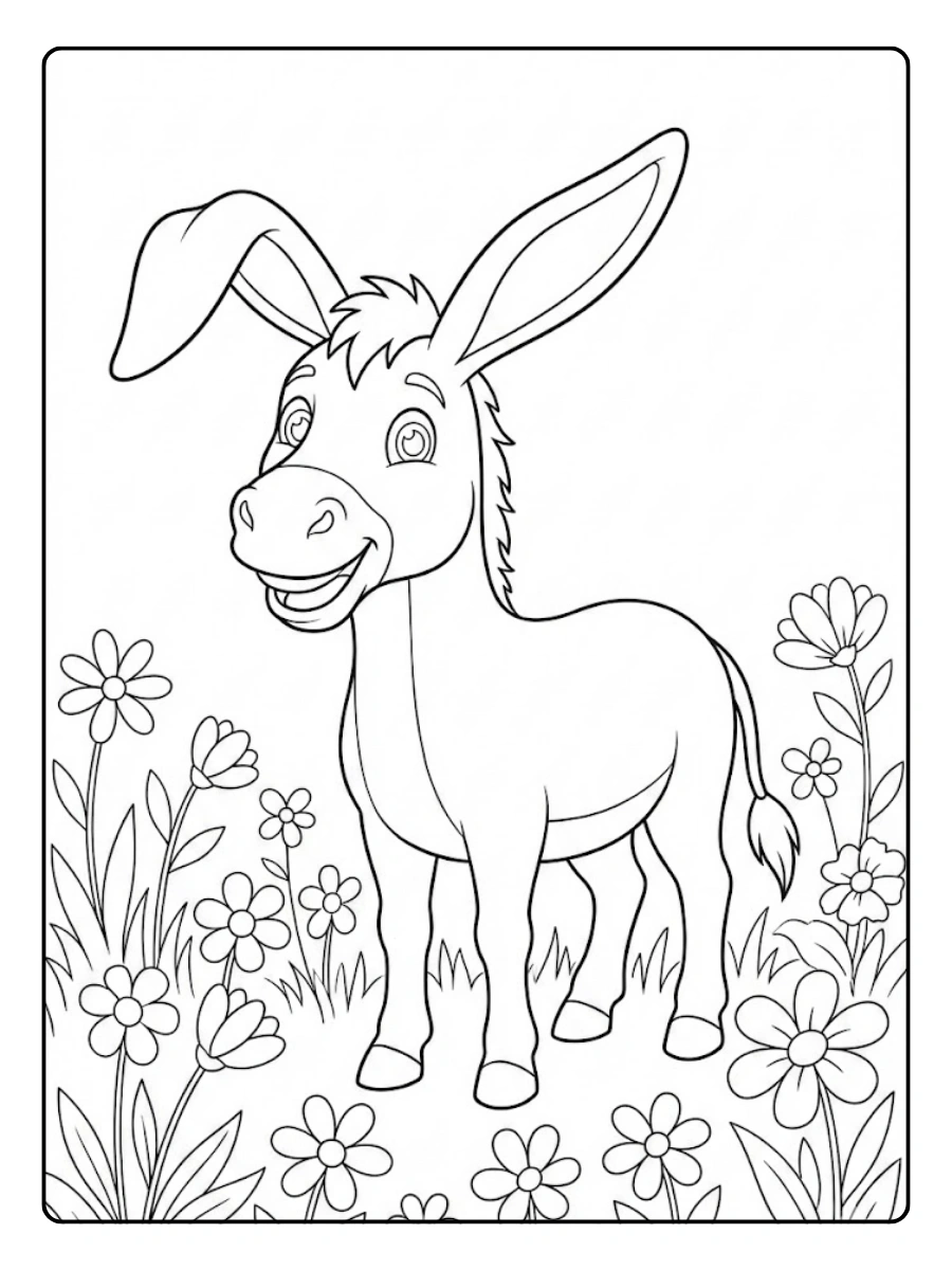 Coloriage Âne souriant dans un champ de fleurs