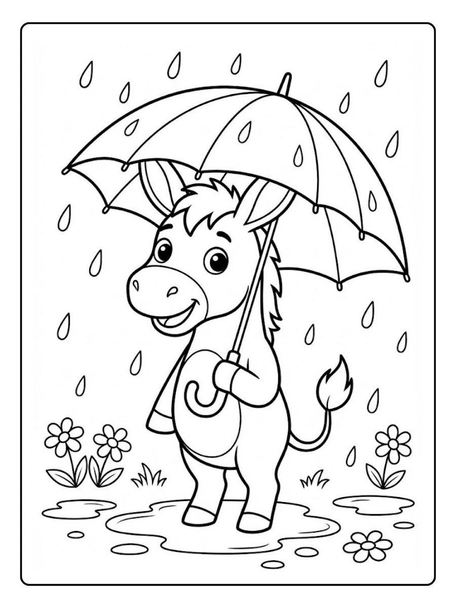 Coloriage Âne sous la pluie avec un parapluie mignon