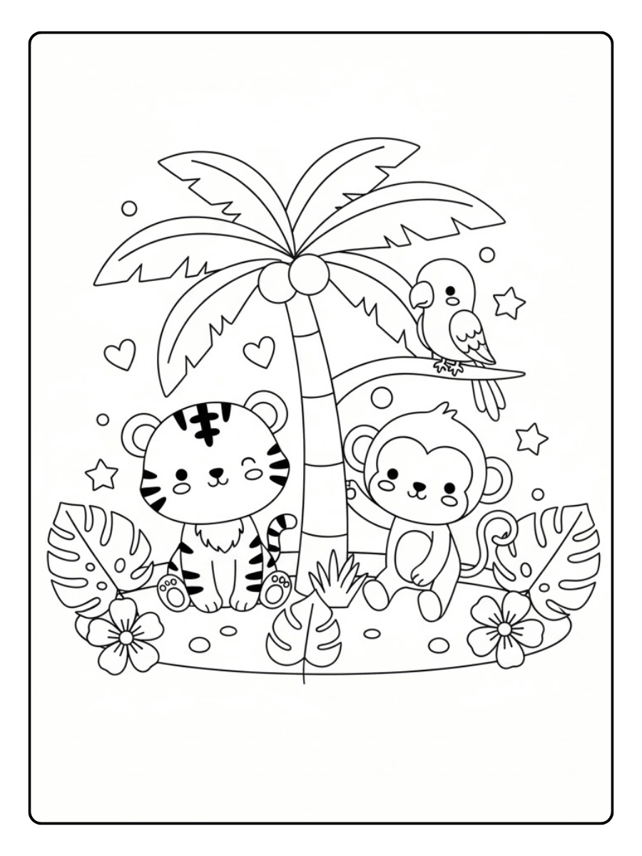 Coloriage Animaux de la jungle version kawaii