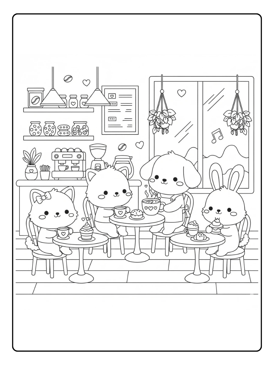 Coloriage Animaux kawaii dans un café