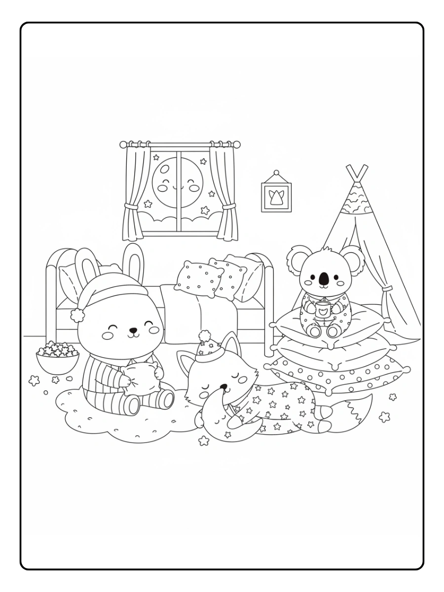 Coloriage Animaux kawaii en pyjama party
