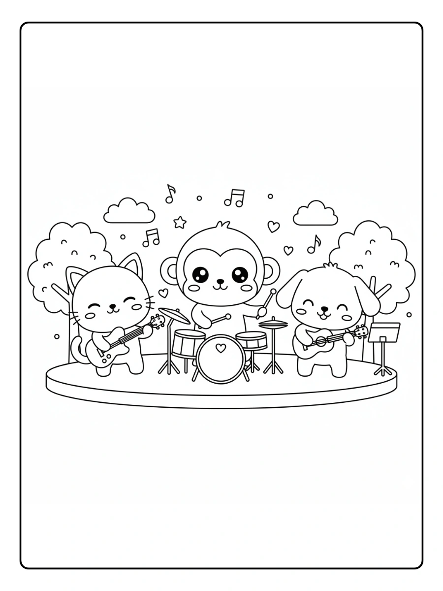 Coloriage Animaux musiciens kawaii