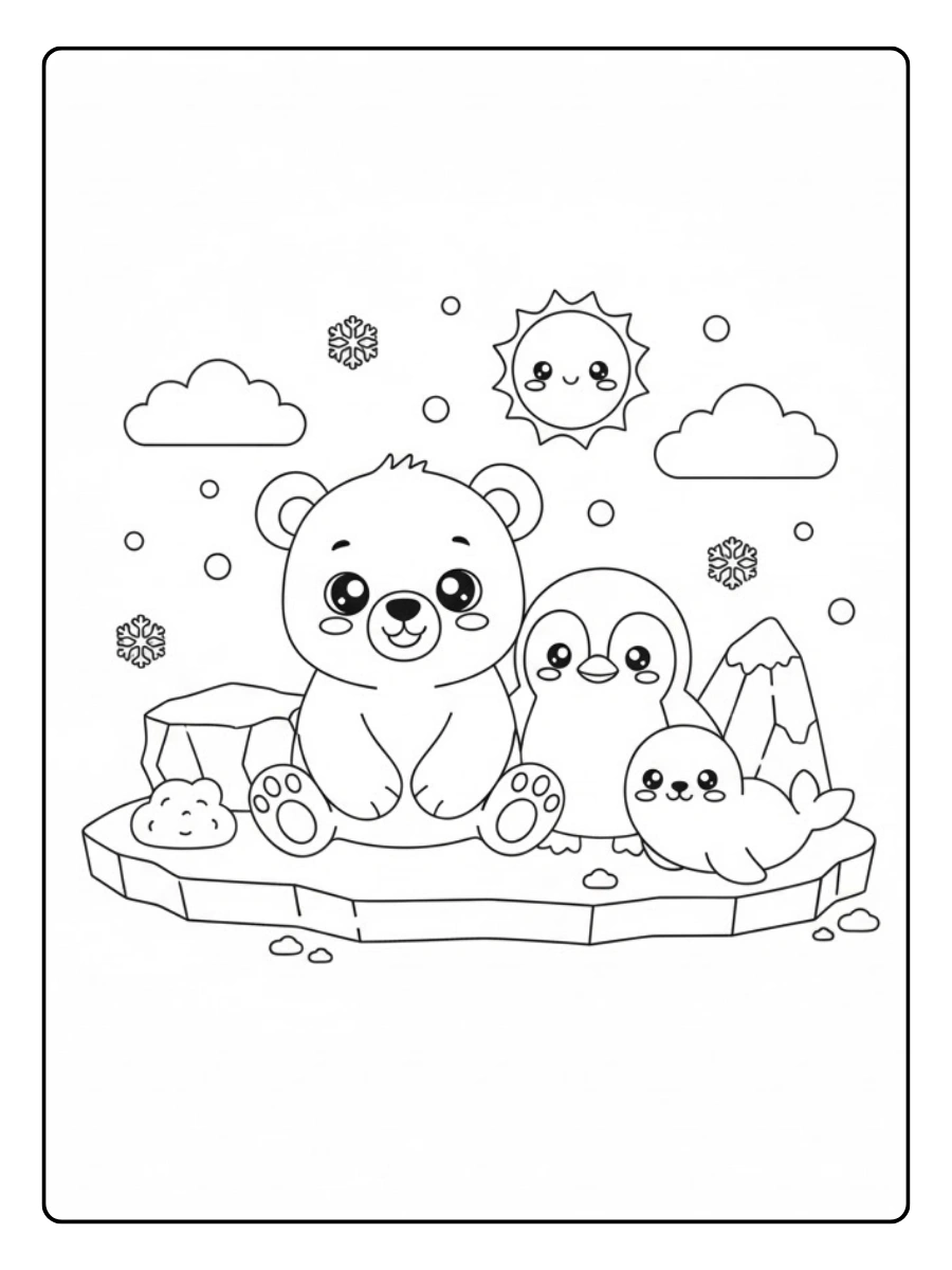 Coloriage Animaux polaires kawaii ensemble