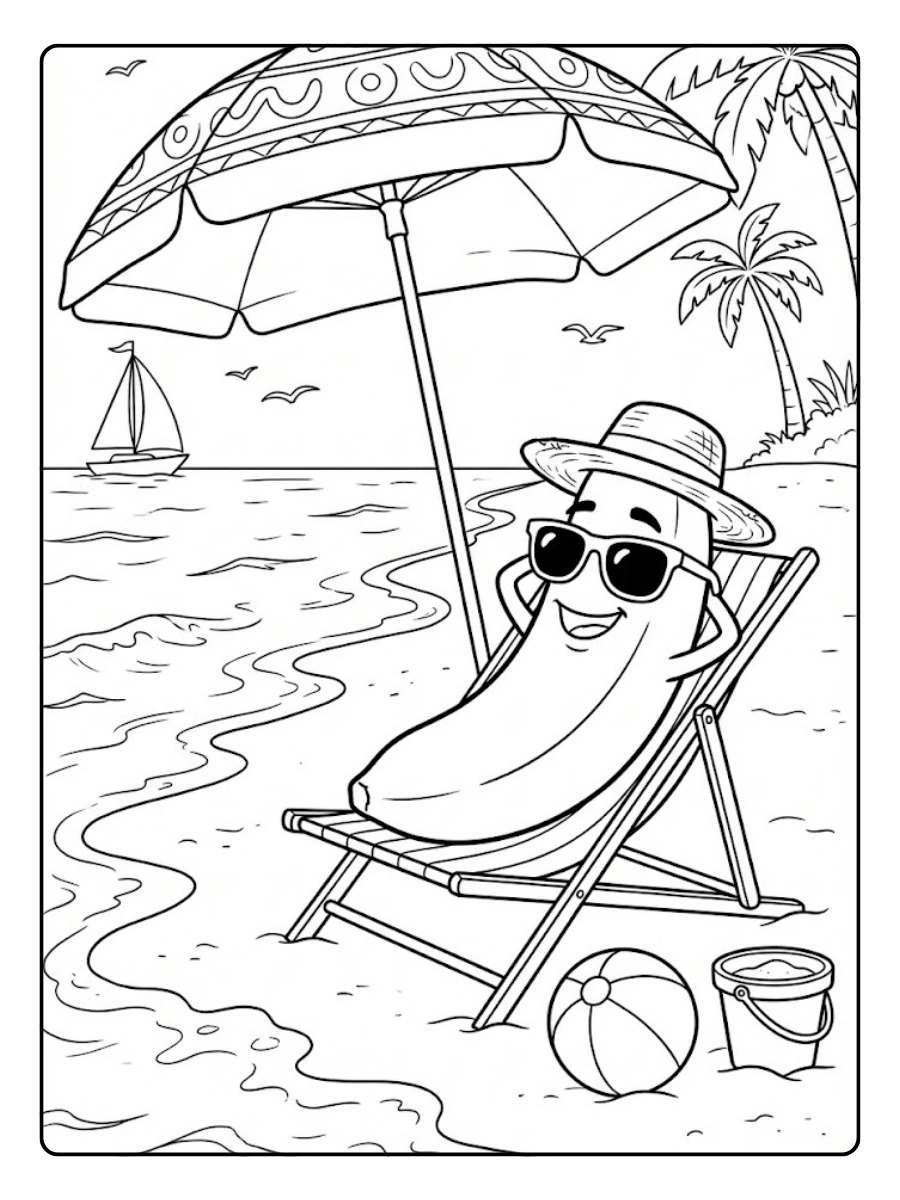 Coloriage Banane en Vacances à la Plage