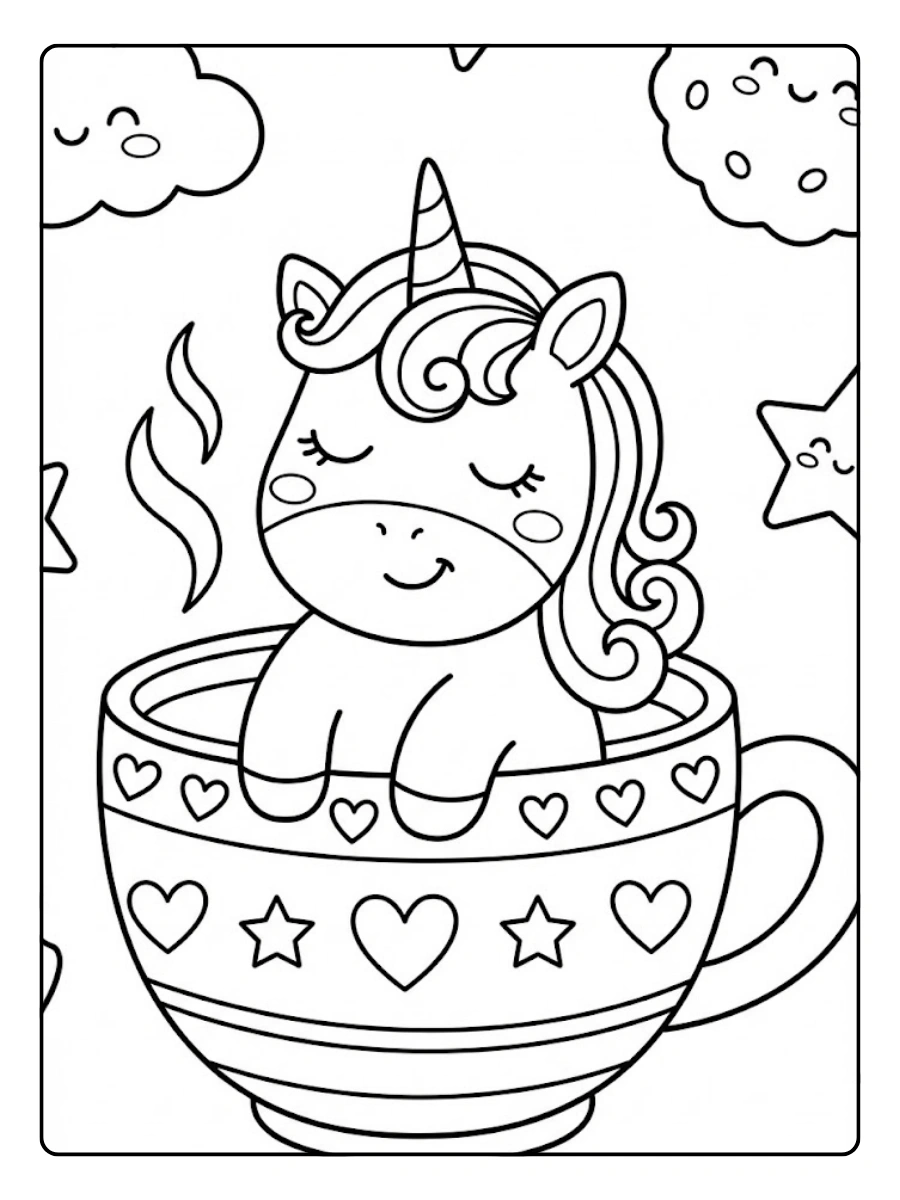 Coloriage Bébé licorne dans une tasse Kawaii