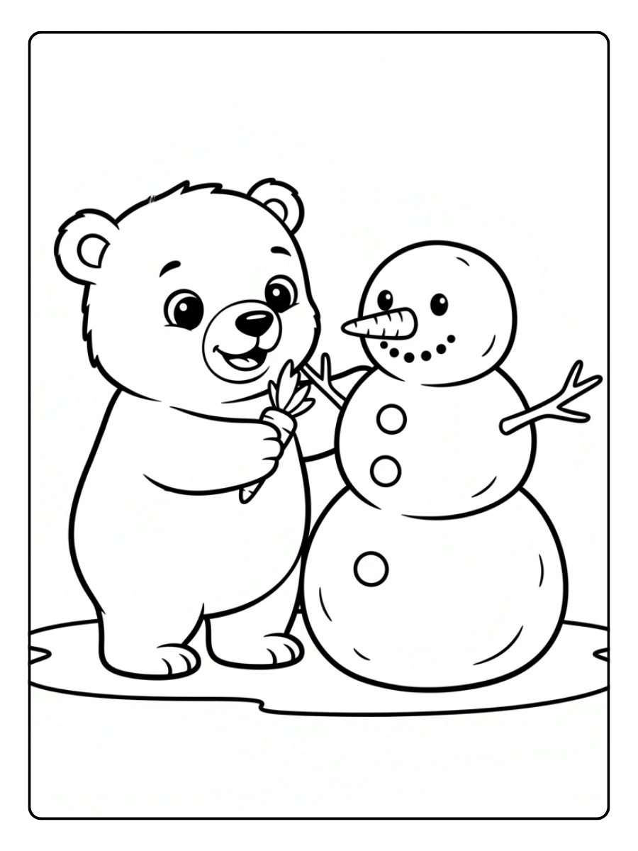 Coloriage Bébé ours polaire qui fait un bonhomme de neige