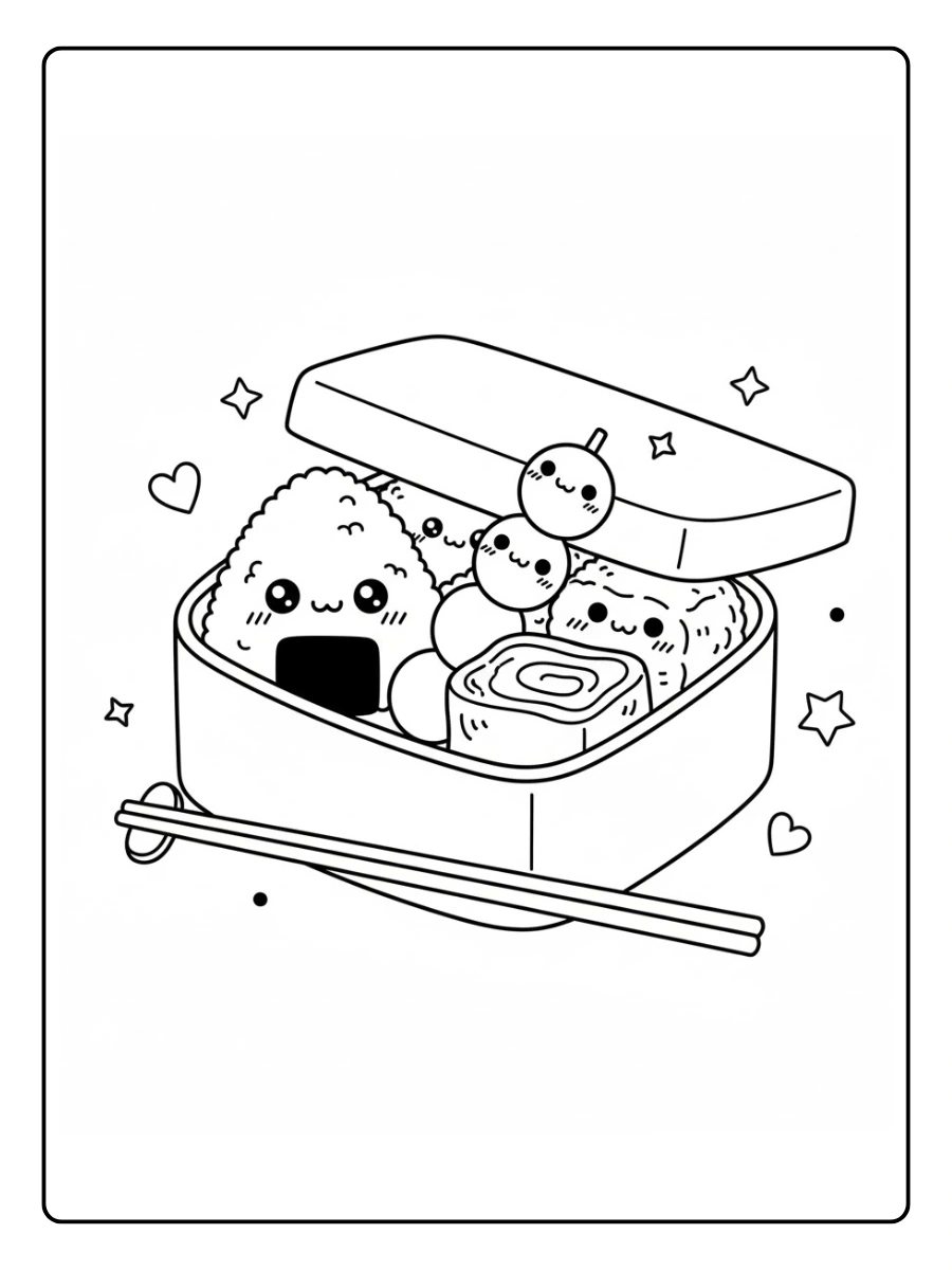 Coloriage Bento box kawaii remplie de petits aliments japonais souriants