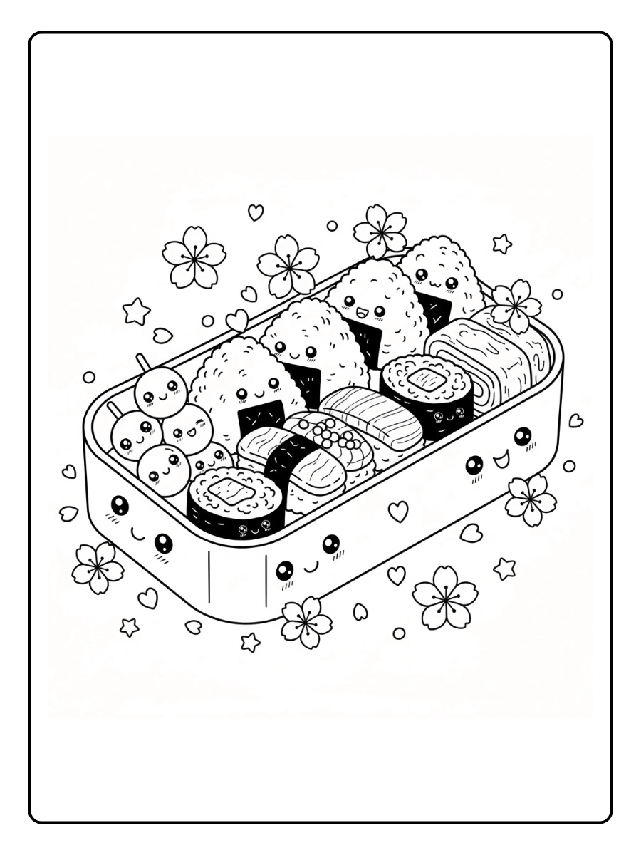 Coloriage Bento japonais kawaii tout en un