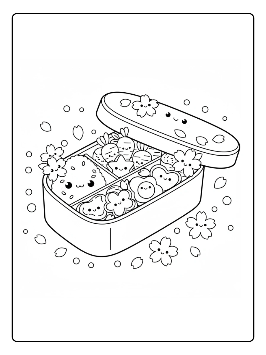 Coloriage Bento printanier kawaii décoré de fleurs de sakura