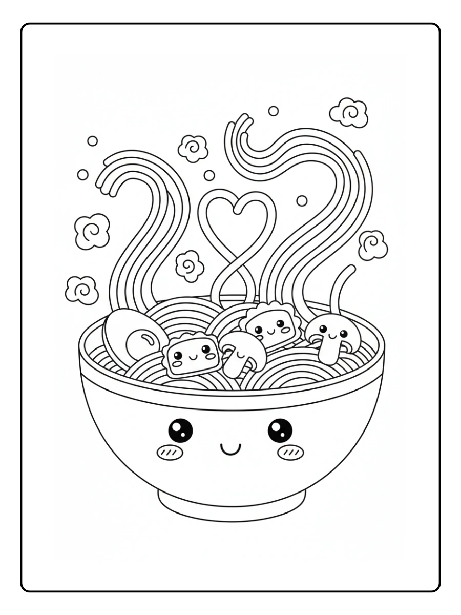 Coloriage Bol de ramen heureux avec des nouilles qui dansent