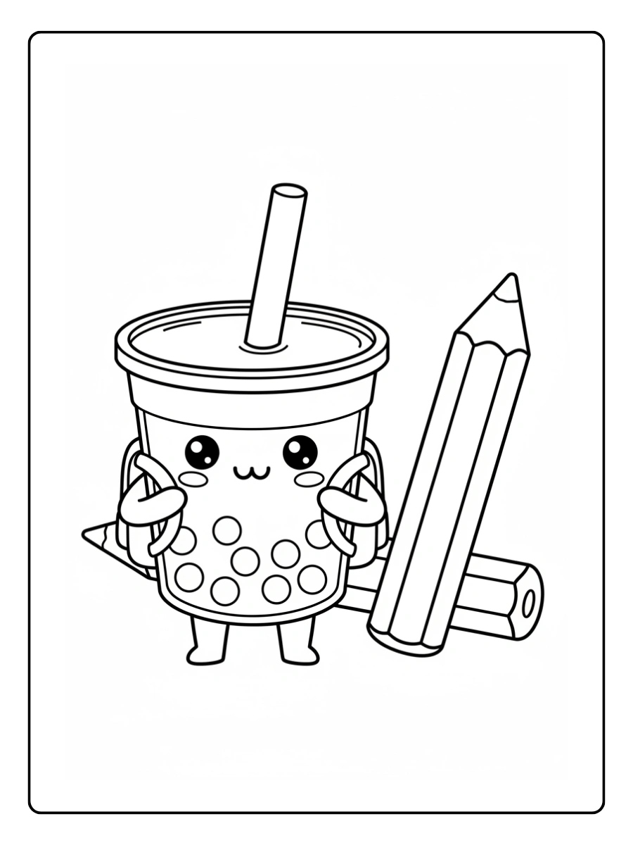 Coloriage Bubble tea au thème école avec sac à dos et crayons