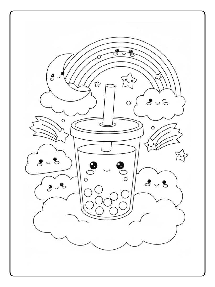 Coloriage Bubble tea dans un monde arc en ciel kawaii
