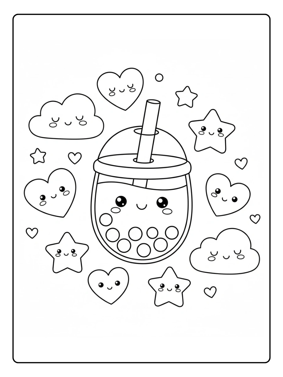 Coloriage Bubble tea entouré de cœurs, étoiles et nuages mignons