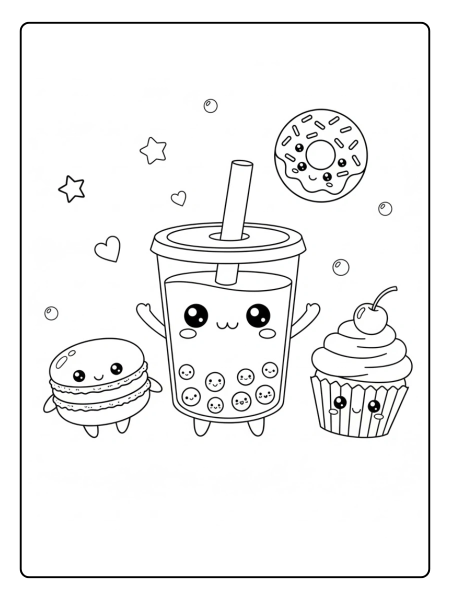 Coloriage Bubble tea et ses amis desserts kawaii