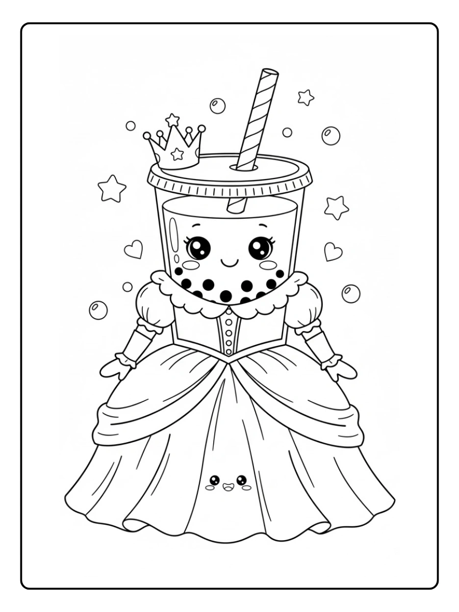 Coloriage Bubble tea habillé comme une princesse kawaii