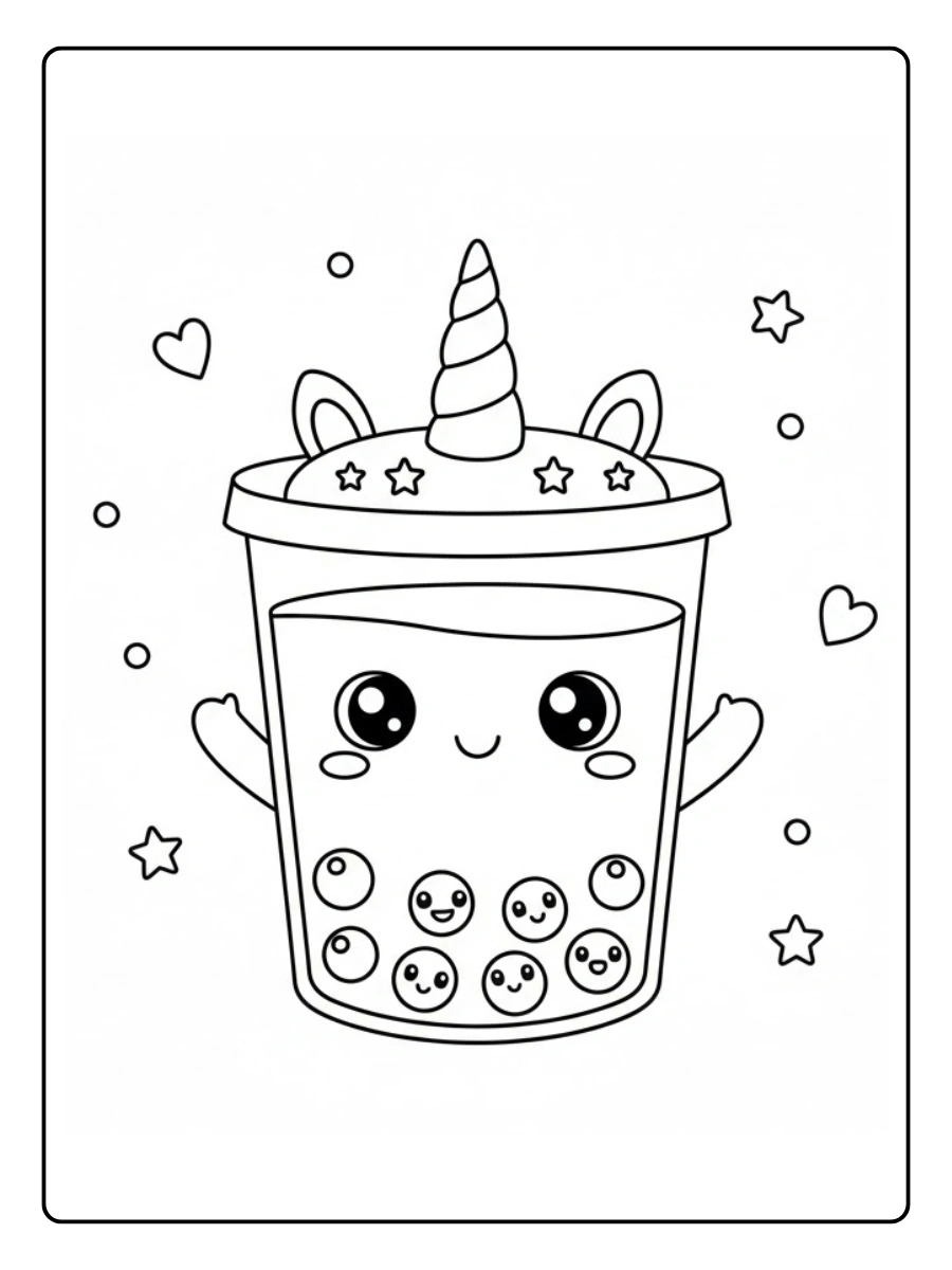 Coloriage Bubble tea portant un petit chapeau de licorne