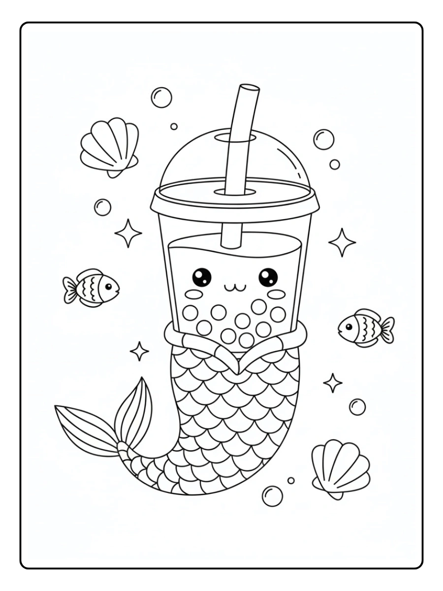 Coloriage Bubble tea version sirène avec une queue scintillante