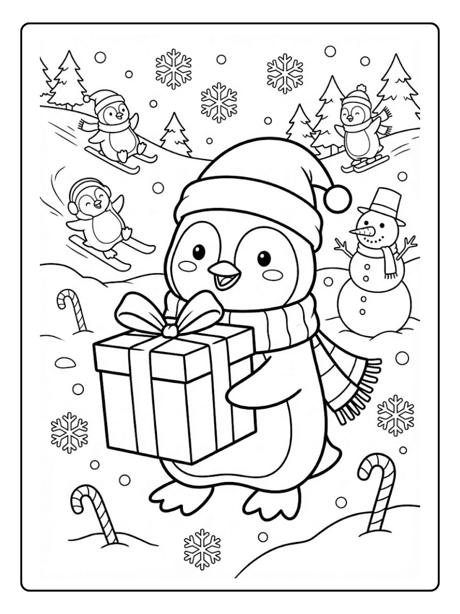 Coloriage Cadeau de Noël tenu par un pingouin