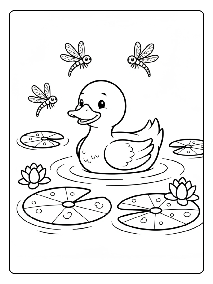 Coloriage Canard dans la mare aux nénuphars