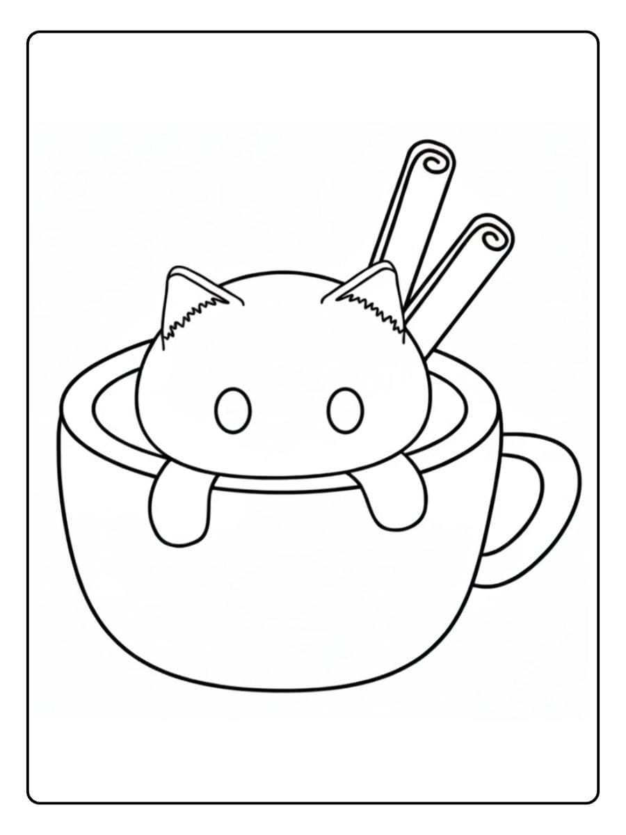 Coloriage Chat Kawaii dans Tasse de Chocolat Chaud