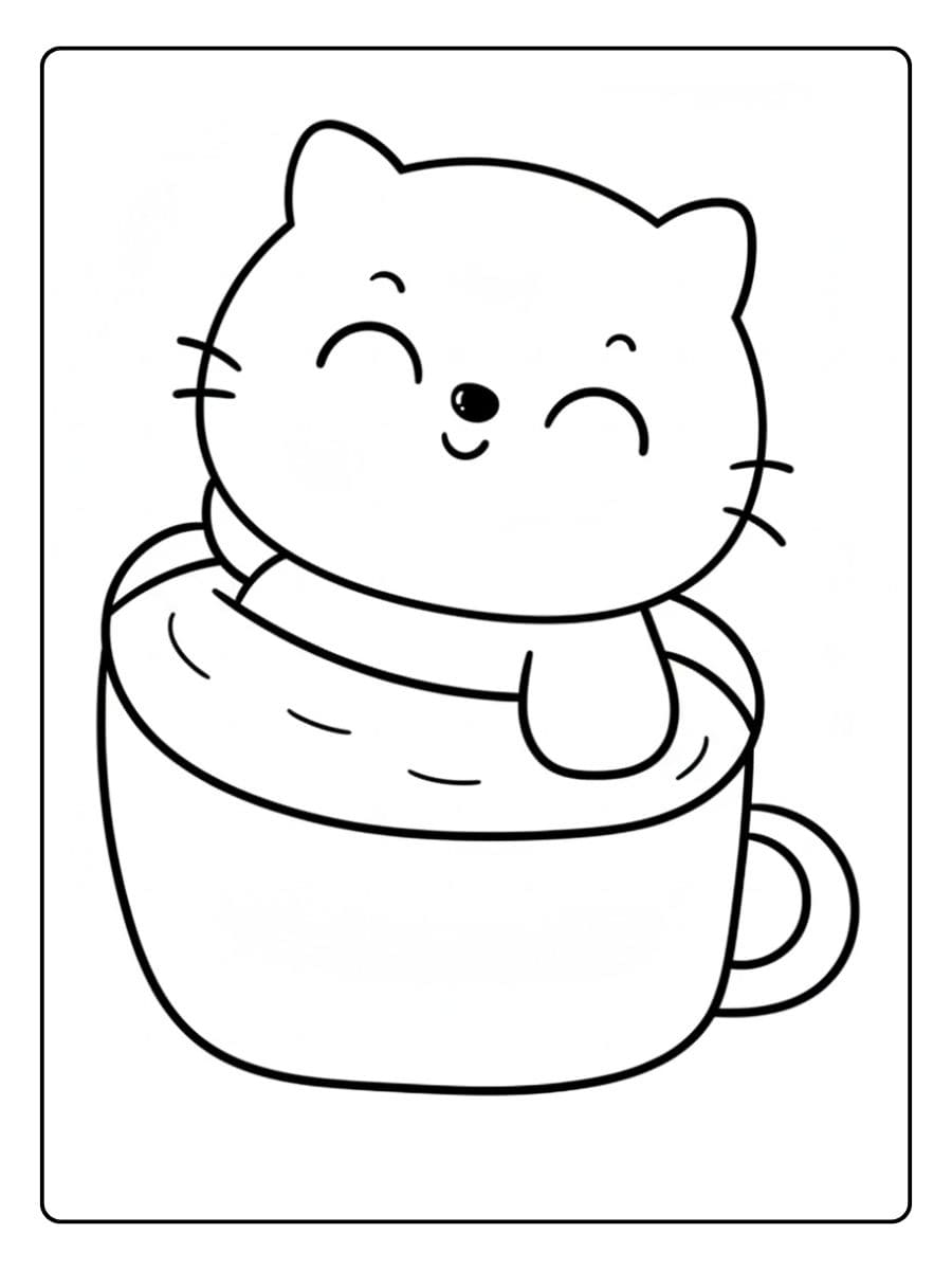 Coloriage Chat Kawaii dans une Tasse Adorable et Simple