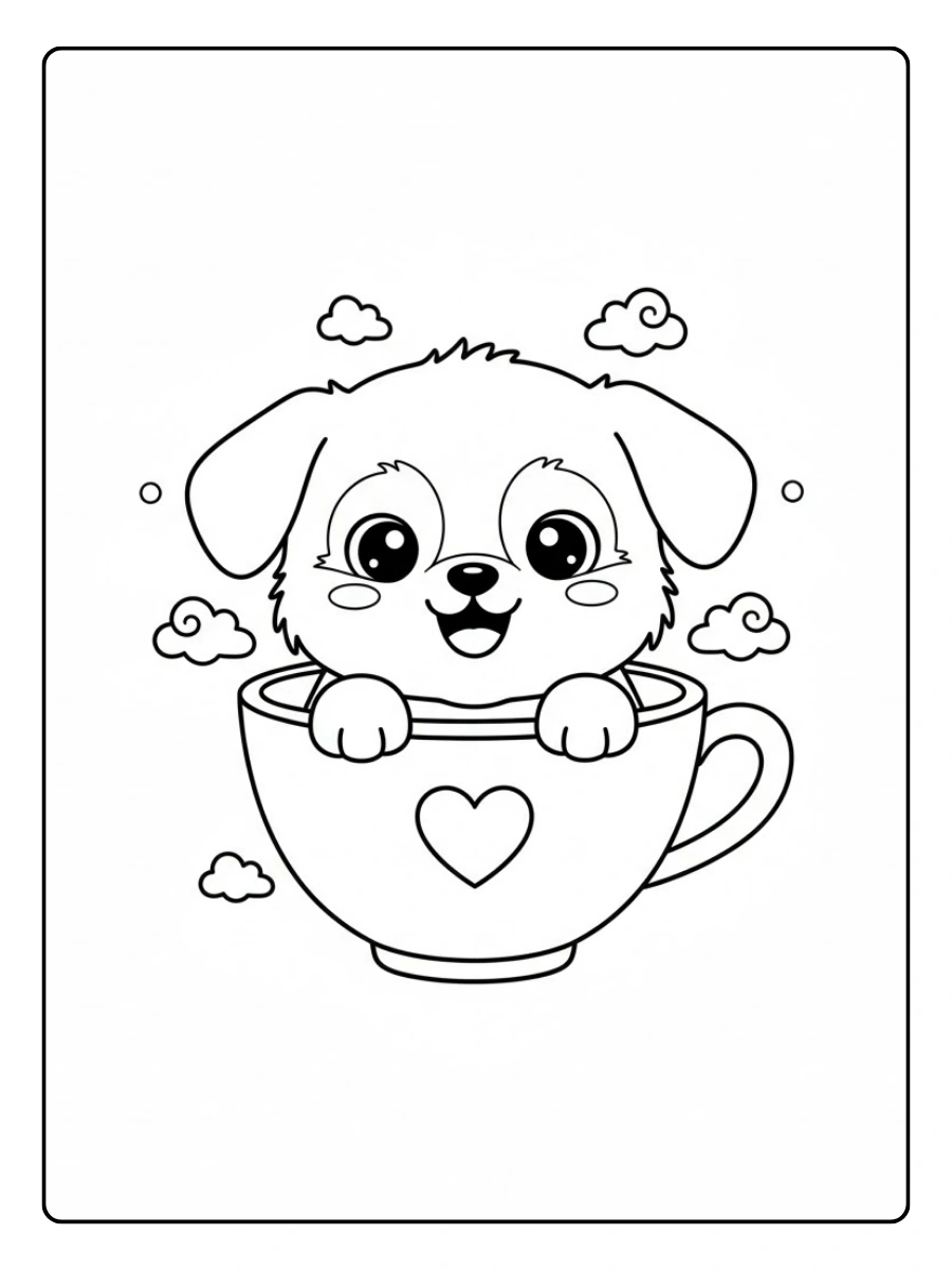 Coloriage Chiot souriant dans une tasse