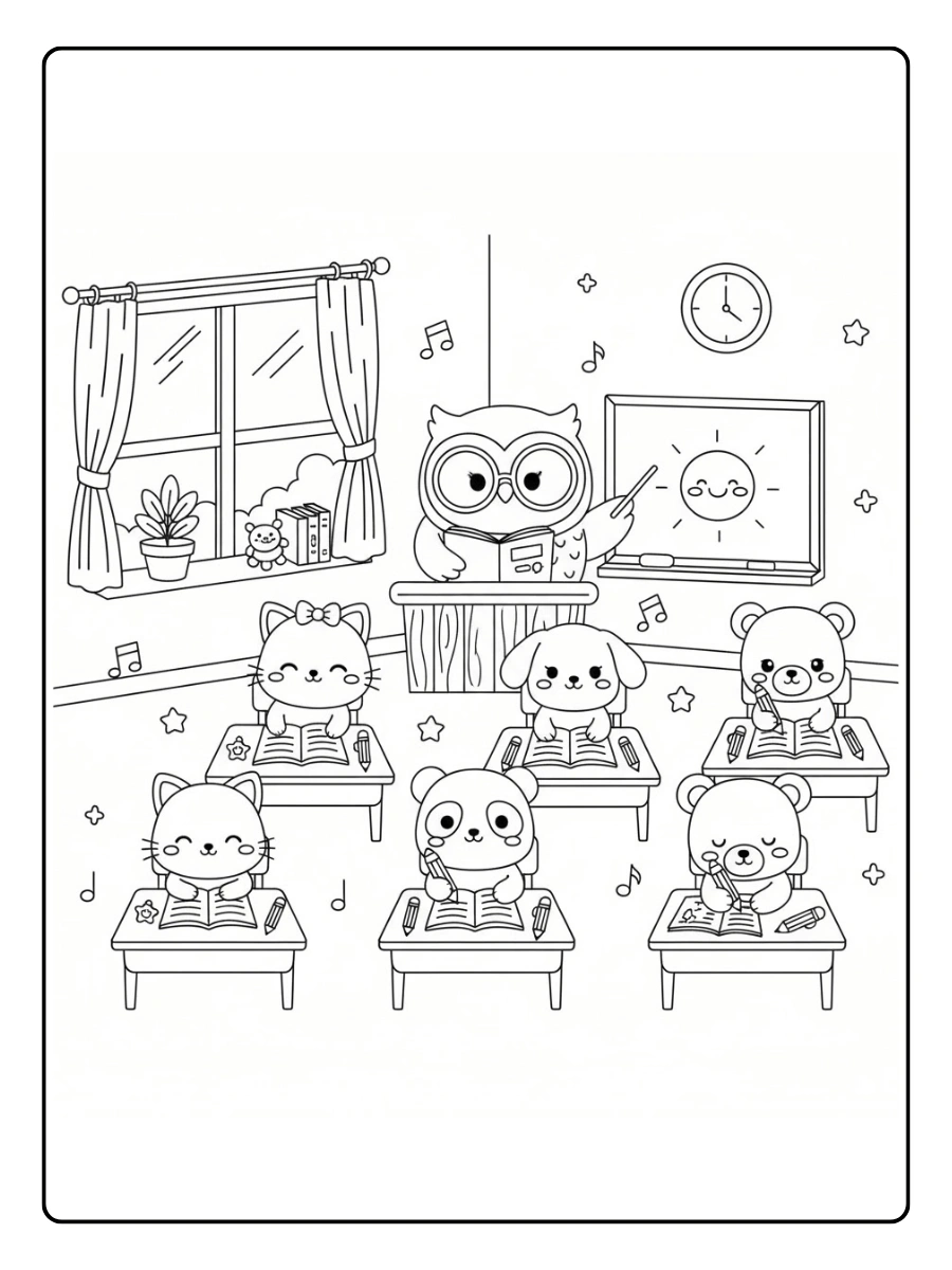 Coloriage Classe d’école des animaux mignons