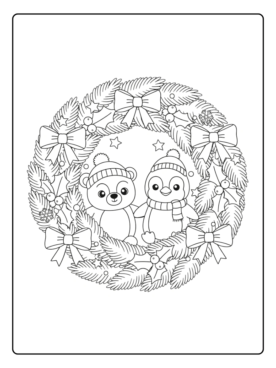 Coloriage Couronne avec animaux d’hiver mignons