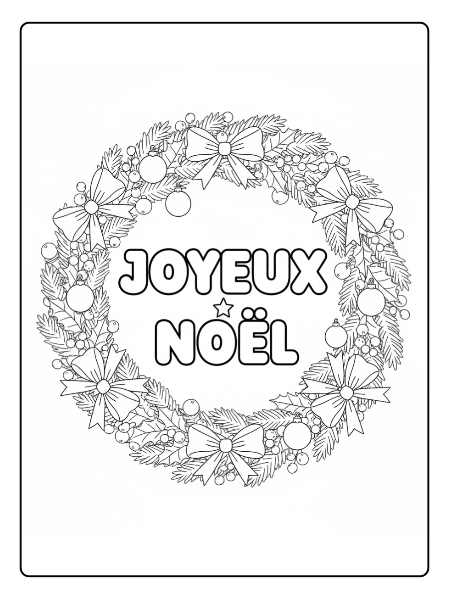 Coloriage Couronne avec message “Joyeux Noël”