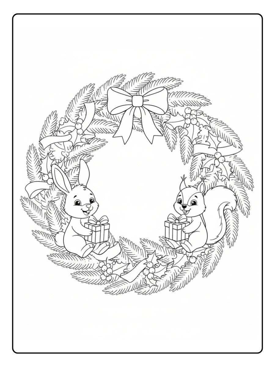 Coloriage Couronne de Noël animaux de la forêt