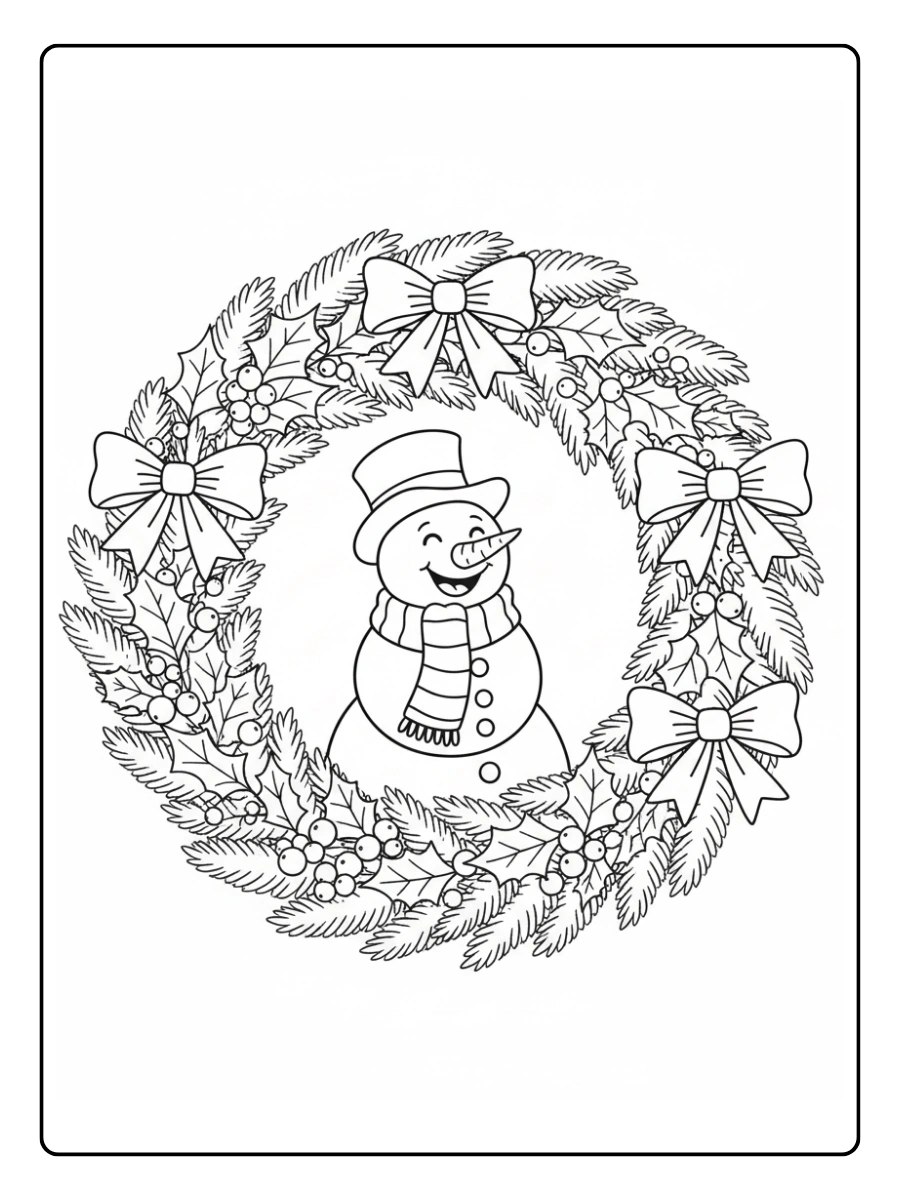 Coloriage Couronne de Noël avec bonhomme de neige joyeux