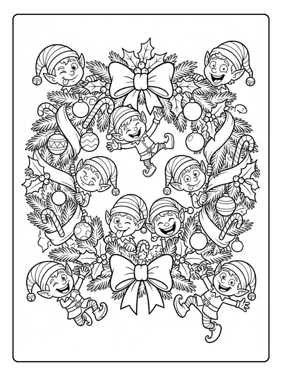 Coloriage Couronne de Noël avec lutins joyeux