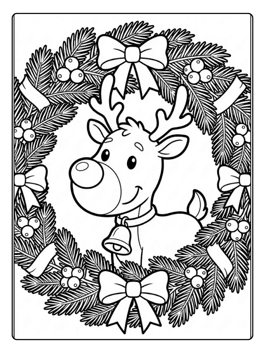 Coloriage Couronne de Noël avec renne mignon