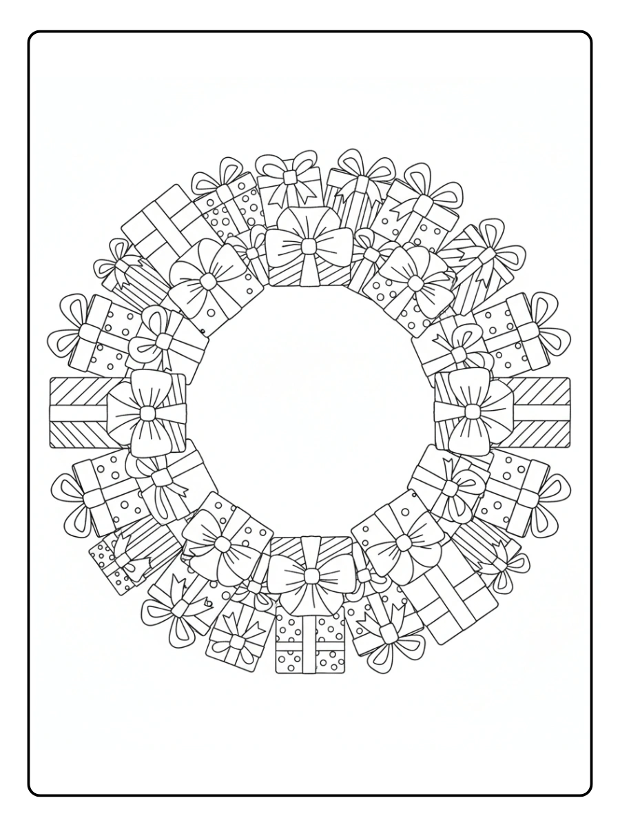 Coloriage Couronne décorée de cadeaux colorés