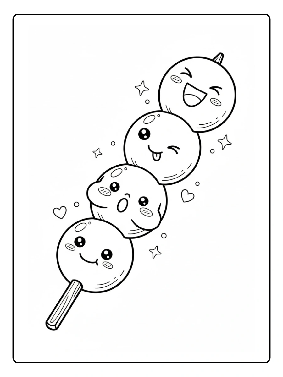 Coloriage Dango arc en ciel kawaii sur un bâton