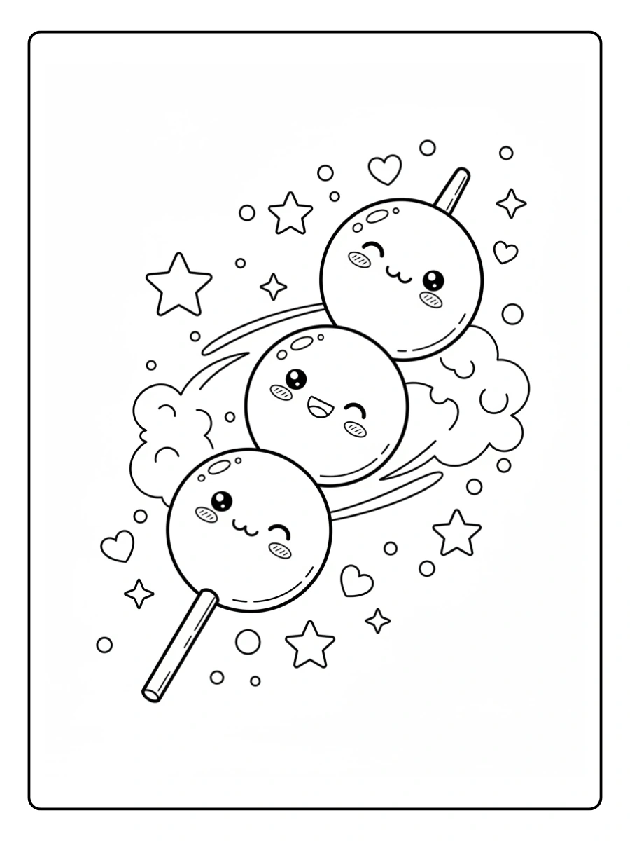 Coloriage Dango magique kawaii avec étoiles et cœurs autour