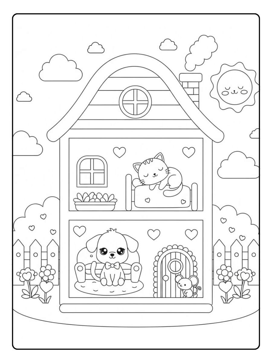 Coloriage Famille d’animaux dans une maison kawaii