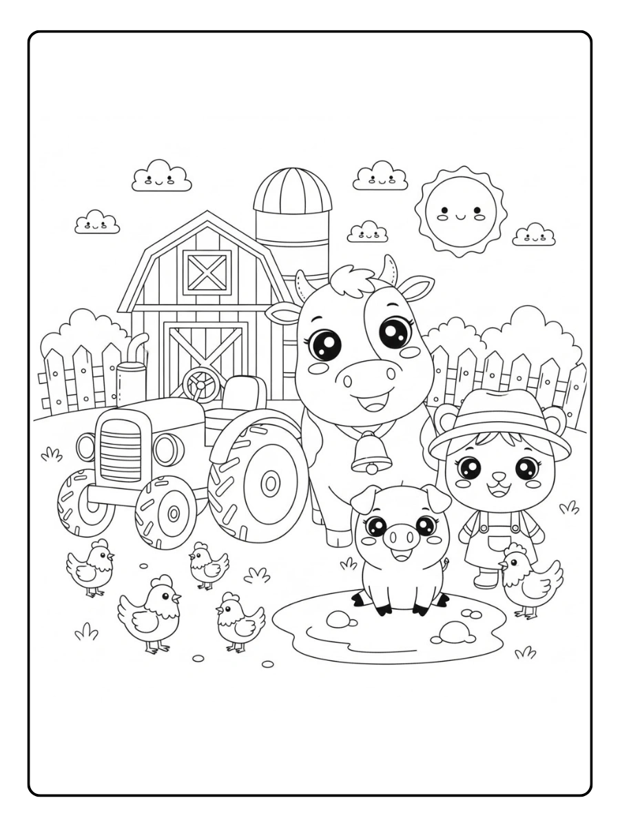 Coloriage Ferme kawaii avec tous les animaux souriants
