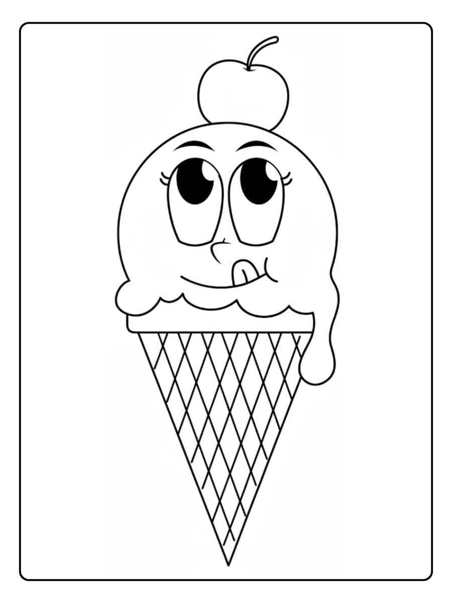 Coloriage Glace Kawaii Cœur et Cerises Simple et Mignon