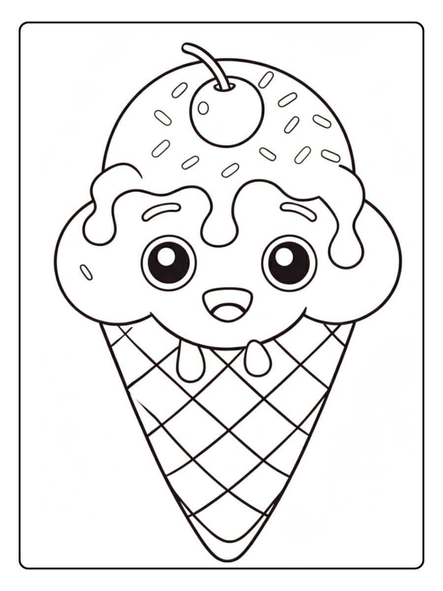 Coloriage Glace Kawaii aux Grandes Yeux Simple et Adorable