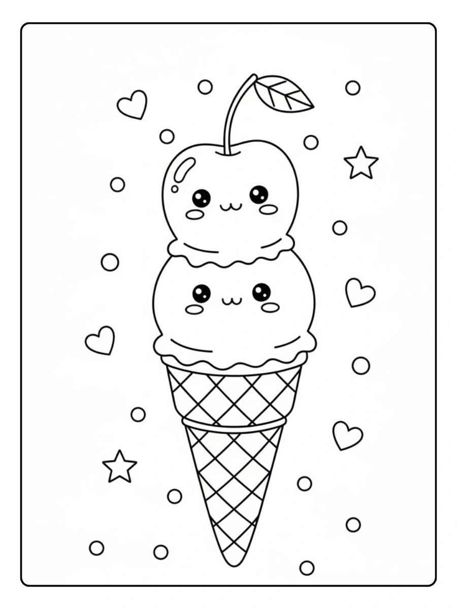 Coloriage Glace double boule kawaii avec cerise joyeuse