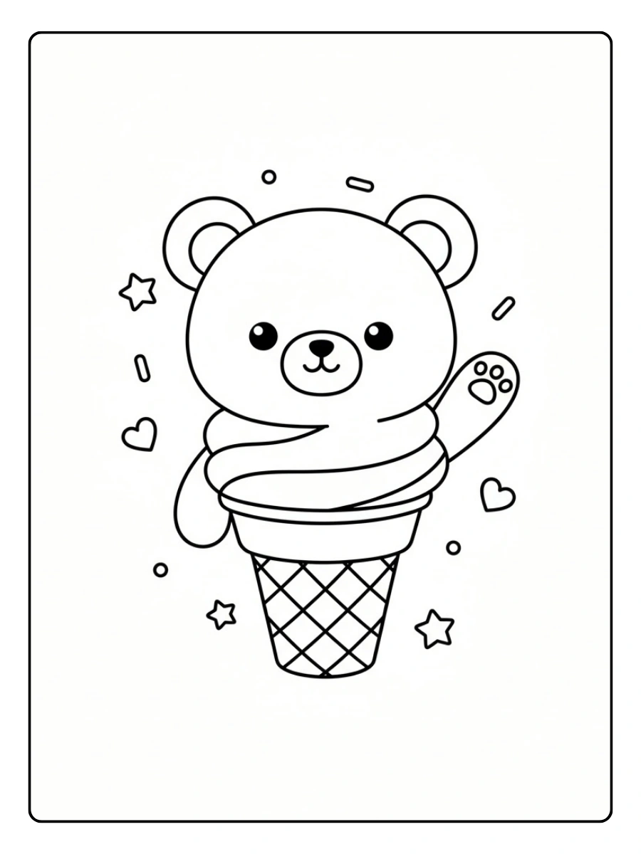 Coloriage Glace en forme d’ourson kawaii qui fait coucou