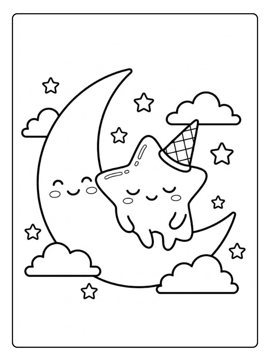 Coloriage Glace étoile endormie sur un croissant de lune