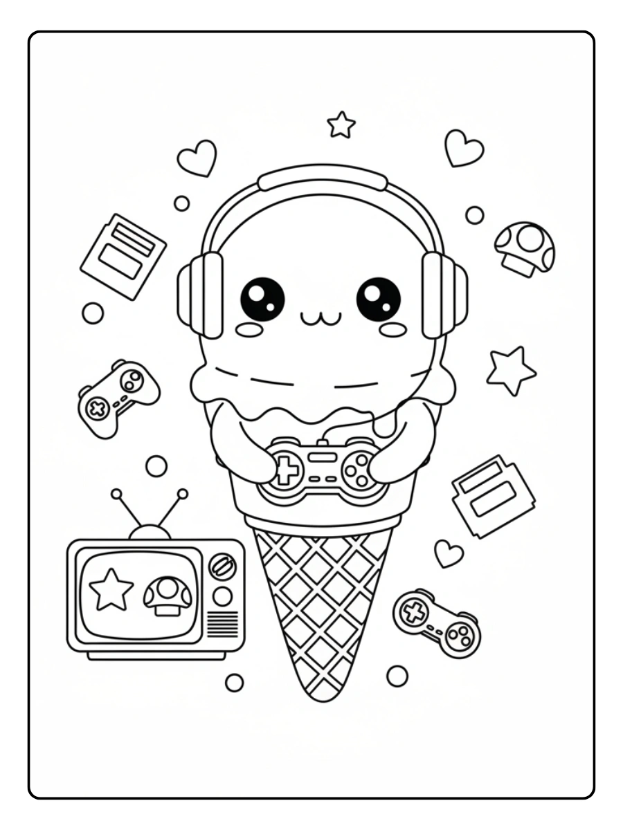 Coloriage Glace gamer kawaii avec manette et écran rétro